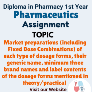 Market preparations (including Fixed Dose Combinations) of each type of dosage forms, their generic name, minimum three brand names and label contents of the dosage forms mentioned in theory/practical  Assignment