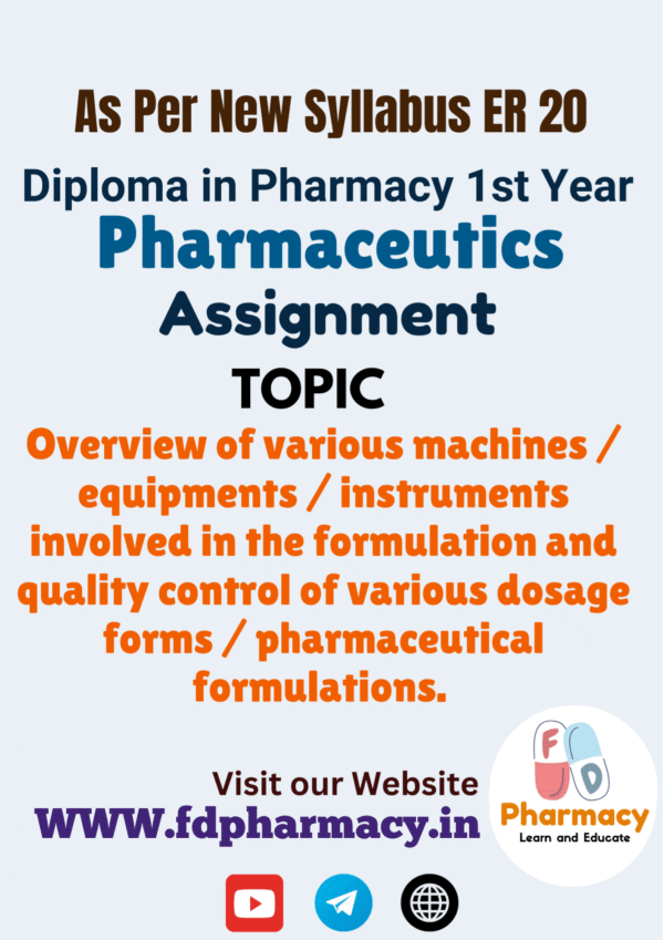 Overview of various machines / equipments / instruments involved in the formulation and quality control of various dosage forms / pharmaceutical formulations Assignment