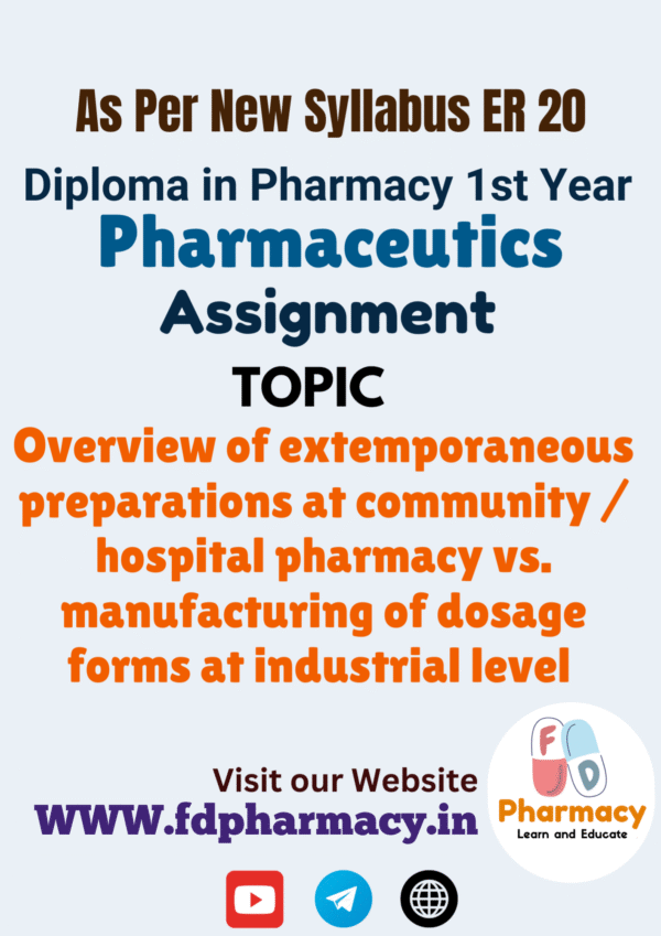 Overview of extemporaneous preparations at community / hospital pharmacy vs. manufacturing of dosage forms at industrial level Assignment
