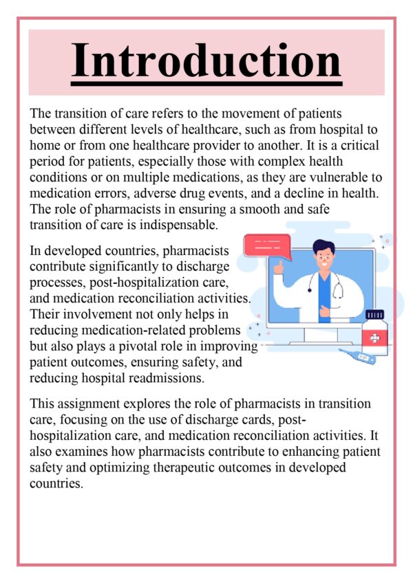 Role of Pharmacists in Transition of Care: Discharge cards, post hospitalization care, medicine reconciliation activities in developed countries Assignment - Image 6